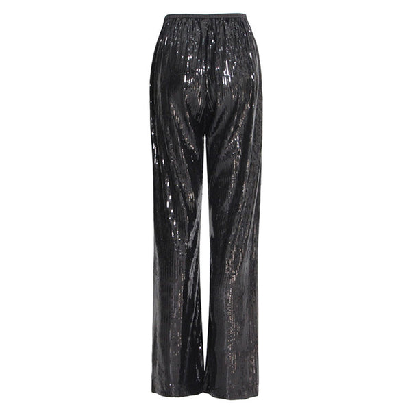 Glinting Drawstring Tie High Waist Zip Pocket Wide Leg Sequin Pants