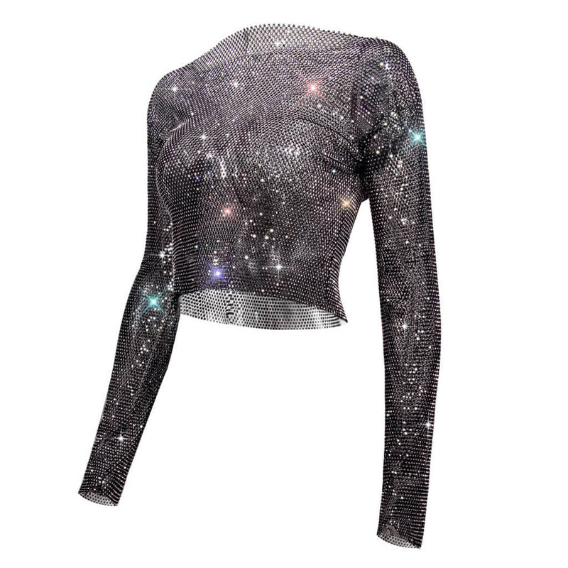 Glittery Rhinestone Mesh Long Sleeve Embellished Crop Top - Black