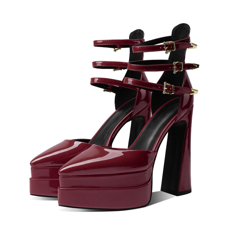 Glossy Pointed Toe Platform Block Heel Ankle Strap Pumps - Burgundy