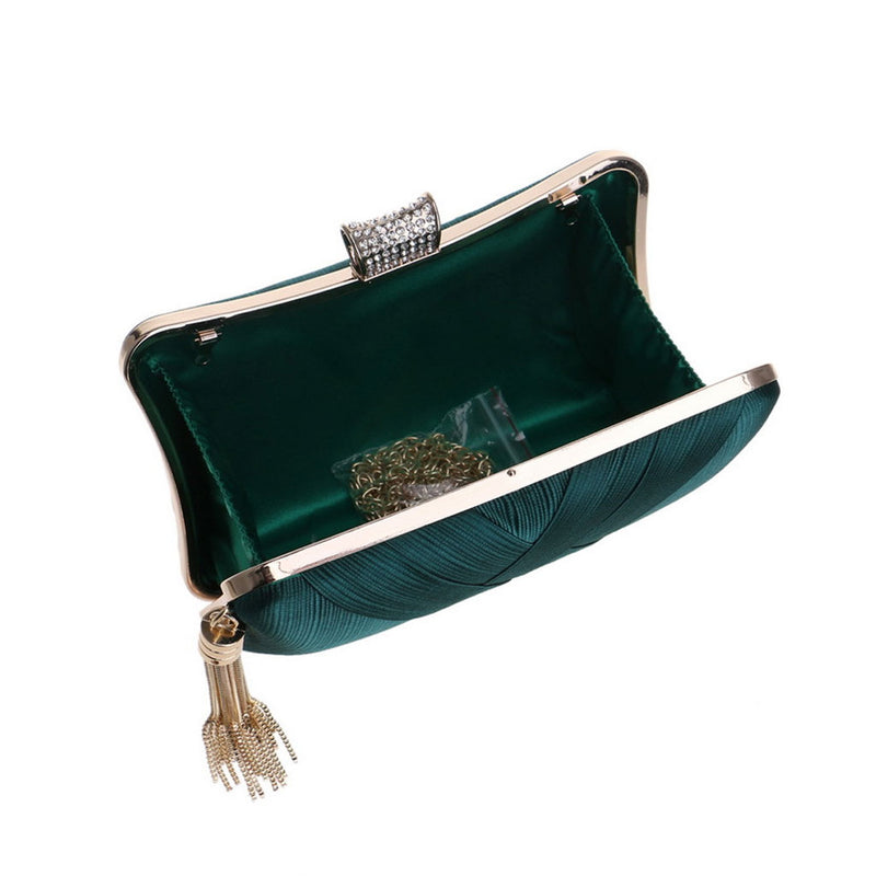 Glossy Rhinestone Embellished Fringe Braided Satin Clutch - Emerald Green