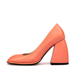 Glossy Satin Square Toe Geometric Heeled Pumps - Coral