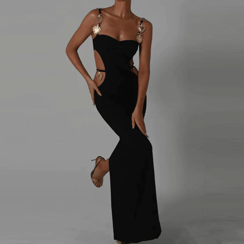 Gold Tone Metal Detail Sweetheart Side Cutout Back Slit Bandage Maxi Dress - Black