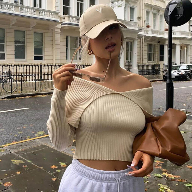 Long Sleeve Off Shoulder Lapel V Neck Ribbed Knit Top - Apricot