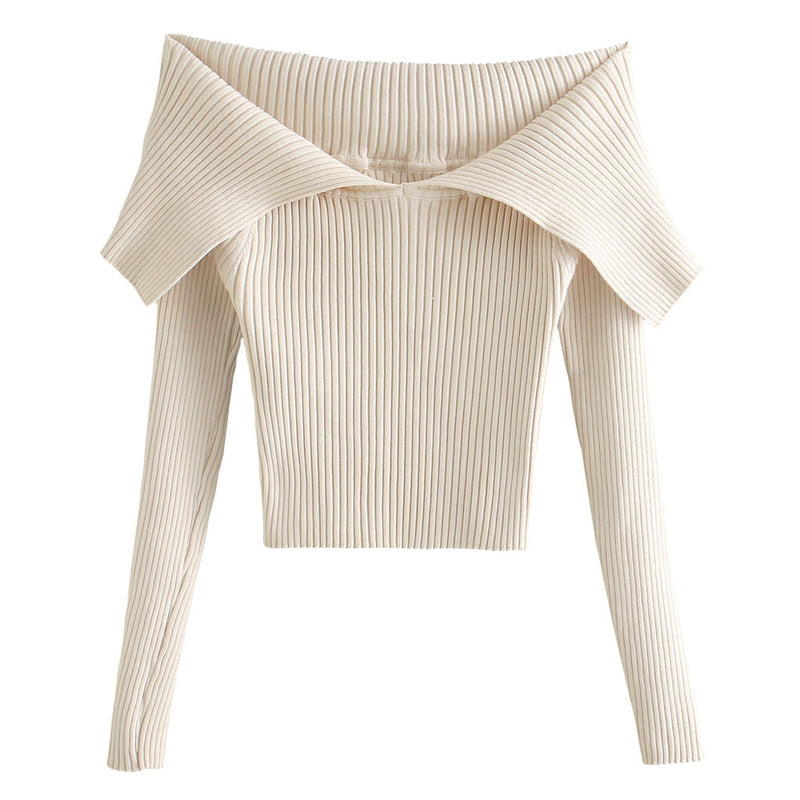 Long Sleeve Off Shoulder Lapel V Neck Ribbed Knit Top - Apricot