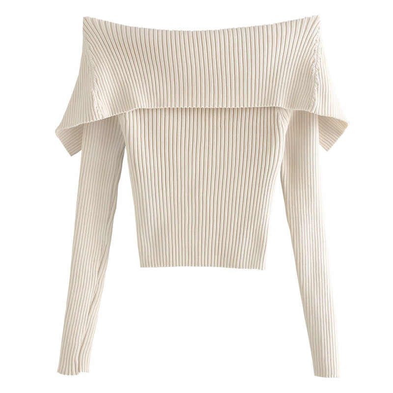 Long Sleeve Off Shoulder Lapel V Neck Ribbed Knit Top - Apricot