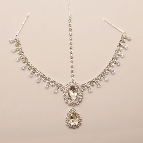 Luxurious Teardrop Gem Detail Rhinestone Embellished Head Chain - Silver