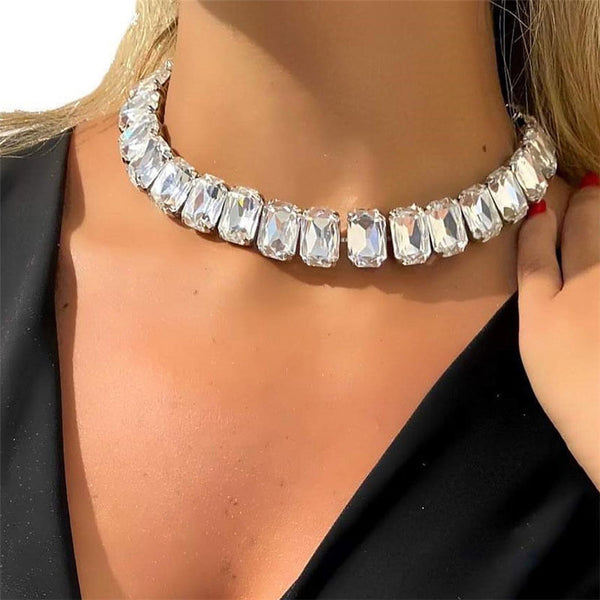 Luxury Emerald Cut Crystal Embellished Silver Plated Tennis Necklace - White