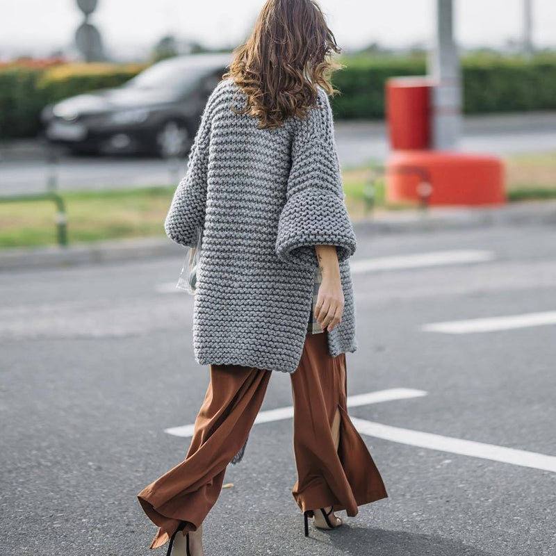 Luxury Fringed Side Slit Long Sleeve Cable Knit Cardigan - Royal Blue