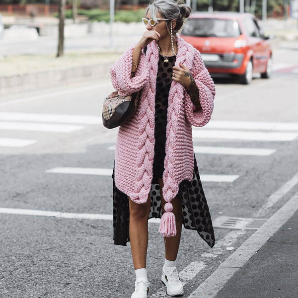 Luxury Fringed Side Slit Long Sleeve Cable Knit Cardigan - Pink