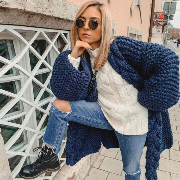 Luxury Fringed Side Slit Long Sleeve Cable Knit Cardigan - Royal Blue