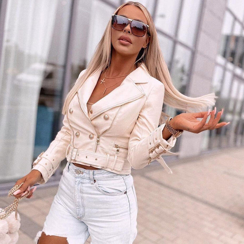 Luxury Long Sleeve Lapel Neck Crop Biker Leather Jacket - White