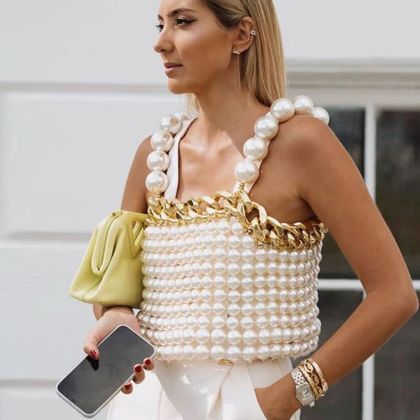 Luxury Metal Chain Oversized Imitation Pearl Beaded Backless Crop Top - White