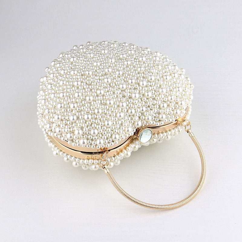 Luxury Metal Handle Pearl Beaded Heart Shaped Clutch Bag - Beige