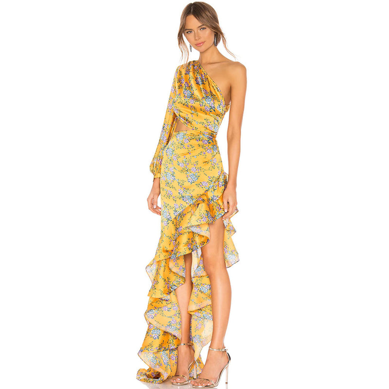 Luxury One Shoulder Cutout Satin Ruffle Floral Evening Dress - Yellow