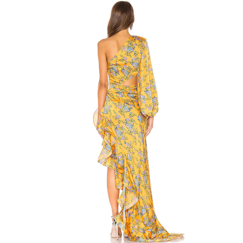 Luxury One Shoulder Cutout Satin Ruffle Floral Evening Dress - Yellow