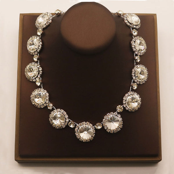 Luxury Round Cut Gemstone Crystal Embellished Collar Necklace - Silver