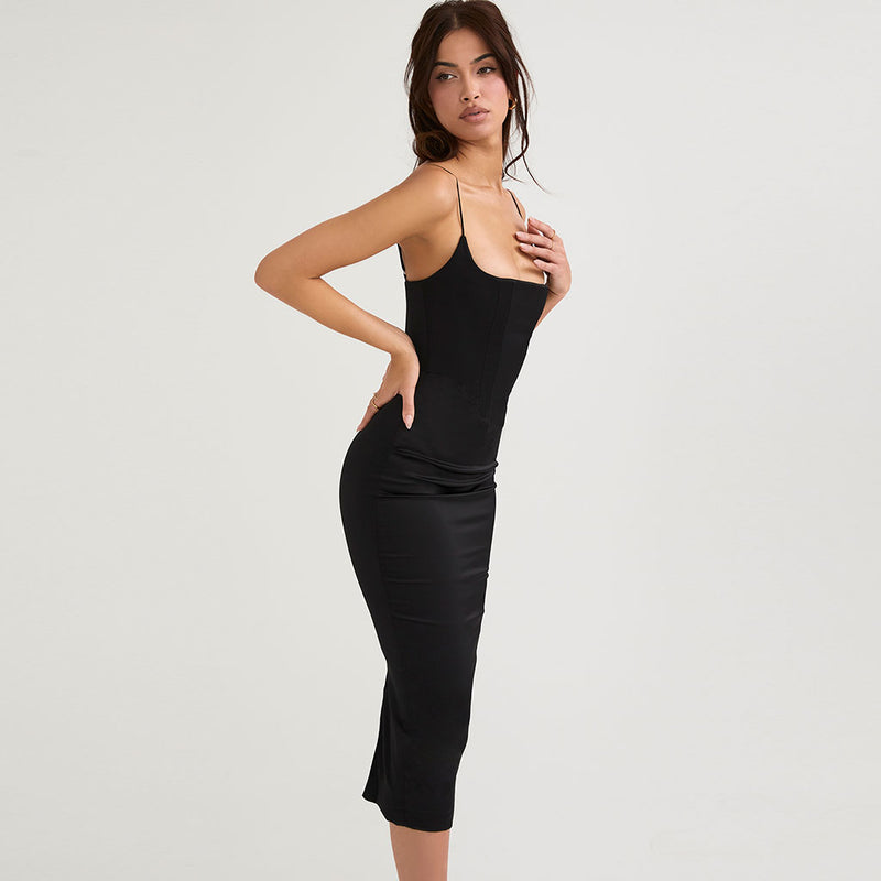 Luxury Square Neck Spaghetti Strap Satin Slip Midi Dress - Black