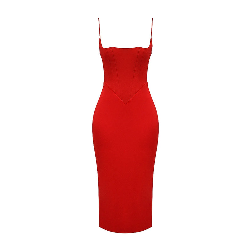 Luxury Square Neck Spaghetti Strap Satin Slip Midi Dress - Red