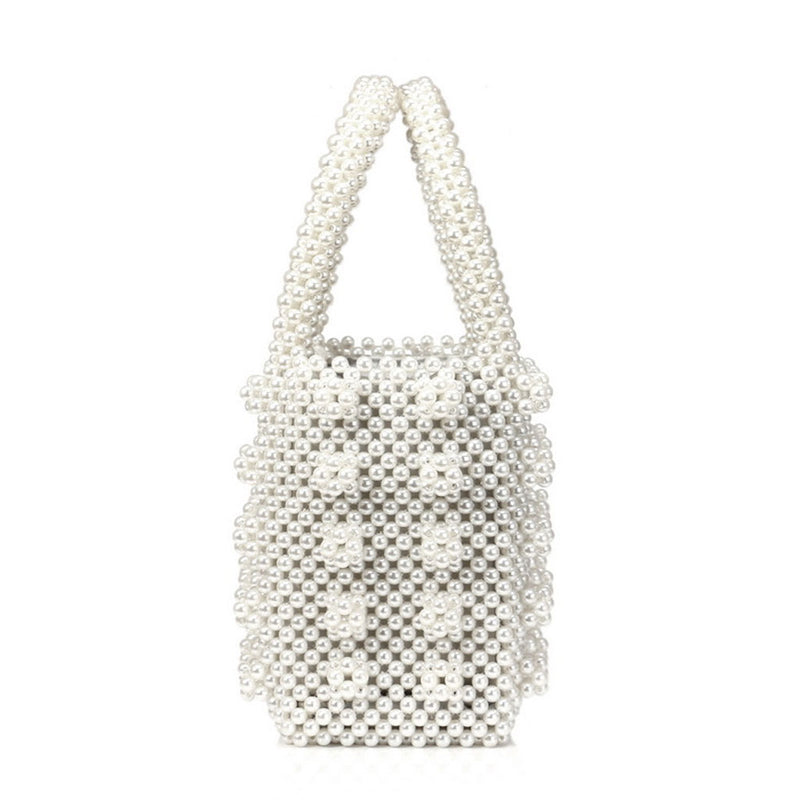 Luxury Square Top Handle Cluster Pearl Bucket Clutch Bag - White