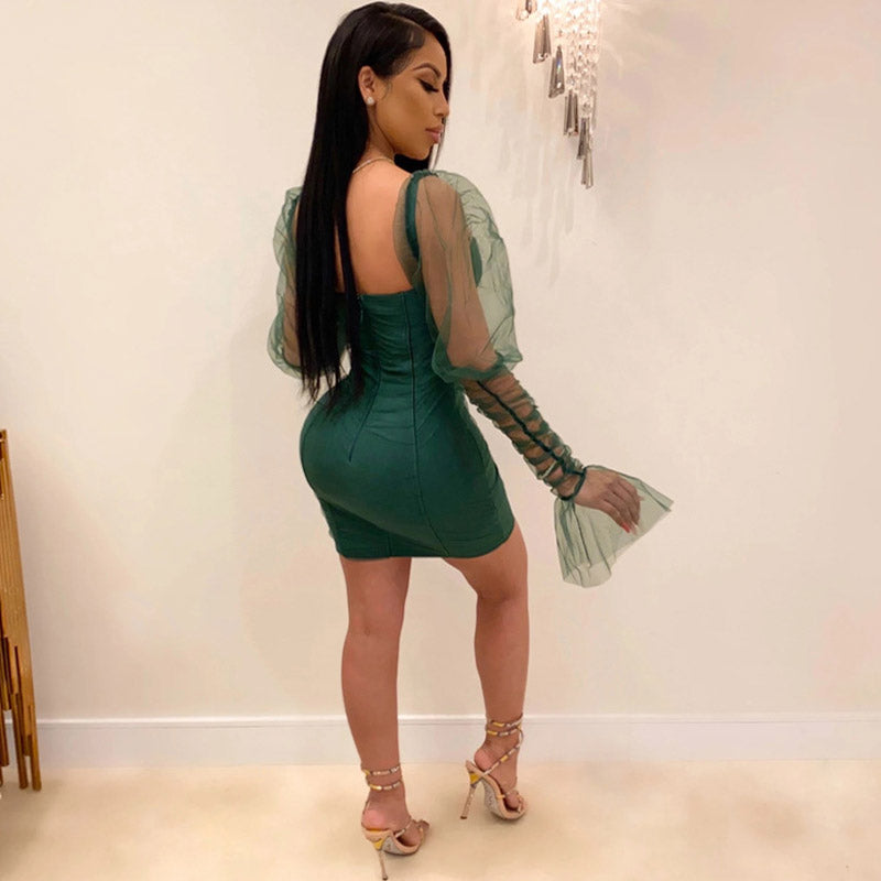 Mesh Panel Off Shoulder Long Sleeve Mini Dress - Emerald  Green