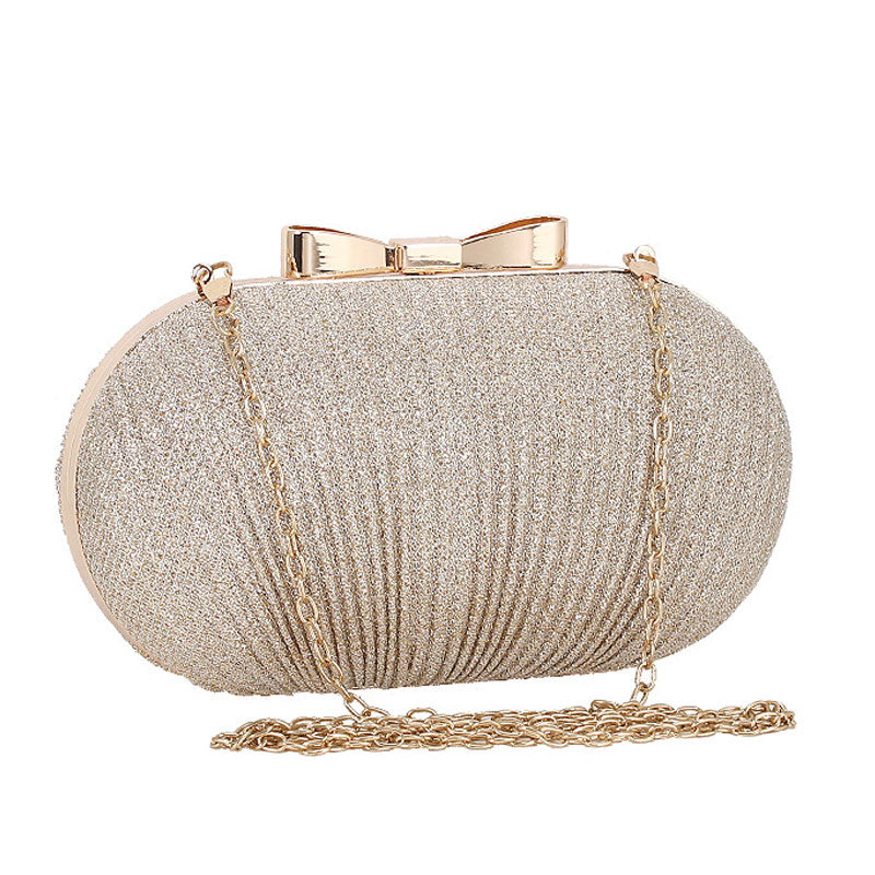 Metallic Bowknot Trim Ruched Evening Mini Clutch Bag - Gold