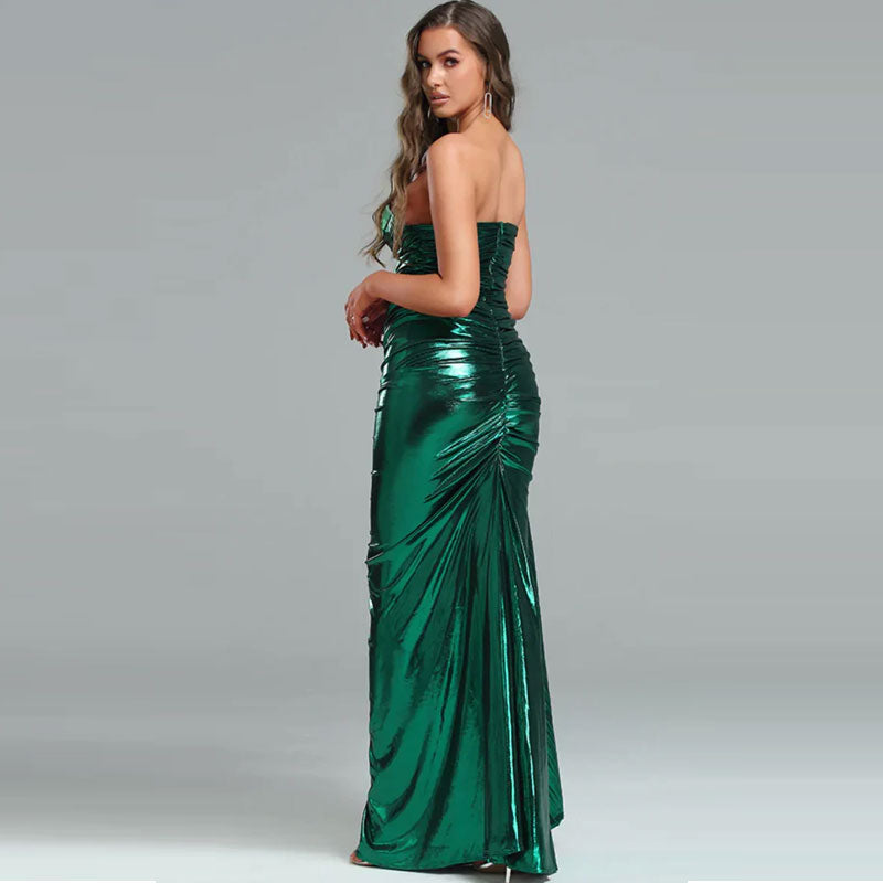 Metallic Draped Pleated Sweetheart Bustier Ruched Maxi Evening Dress - Green