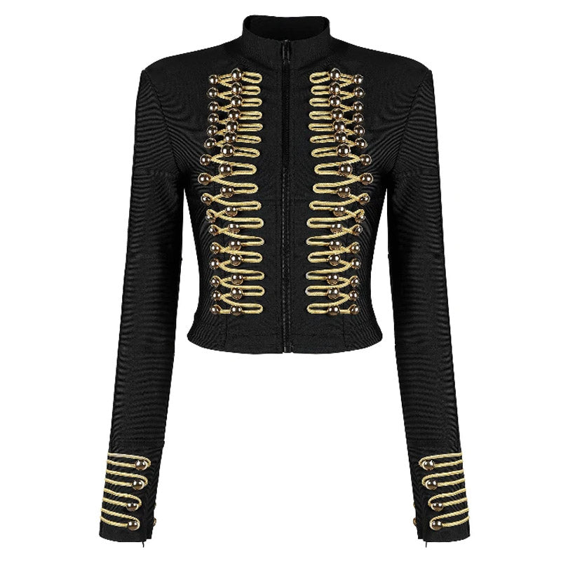 Metallic Embroidery High Neck Zip Front Bandage Crop Jacket - Black