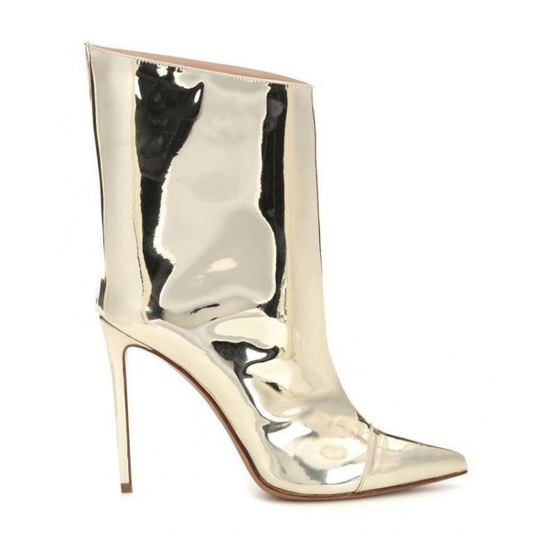 Metallic Patent Leather Pointed Toe Stiletto Ankle Boots - Gold