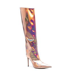 Metallic Pointed Toe Patent Leather Knee High Stiletto Boots - Champagne