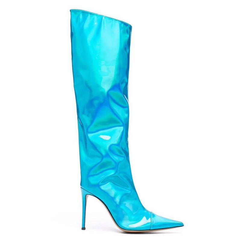 Metallic Pointed Toe Patent Leather Knee High Stiletto Boots - Sky Blue