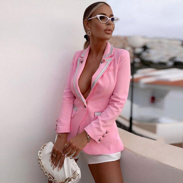 Metallic Rose Button Collared Long Sleeve Slit Blazer - Pink