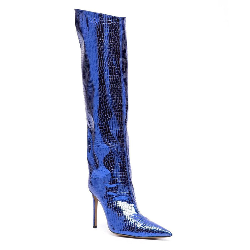 Metallic Snake Effect Pointed Toe Knee High Stiletto Boots - Klein Blue