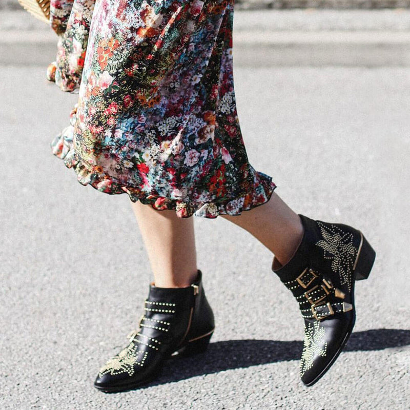 Metallic Studded Buckle Strappy Pointed Toe Ankle Boots - Black