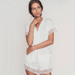 Minimalist Lace Panel Short Sleeve Shorts Modal Lounge Set - White