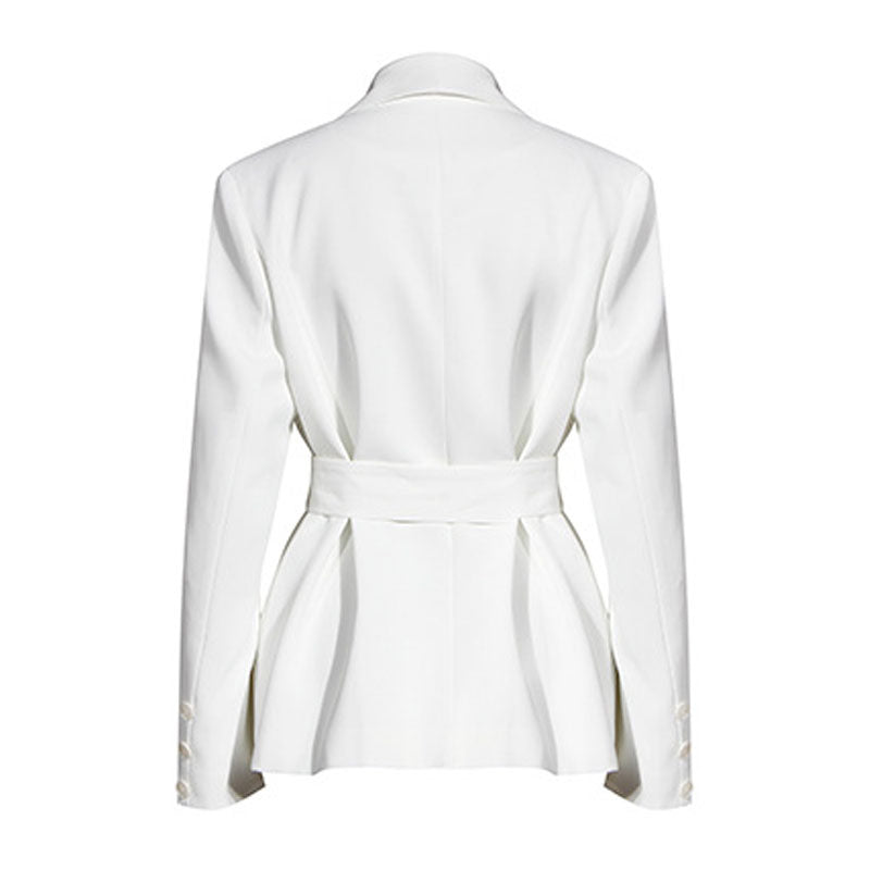 Minimalist Solid Color Shawl Collar Shoulder Pad Long Sleeve Belted Blazer