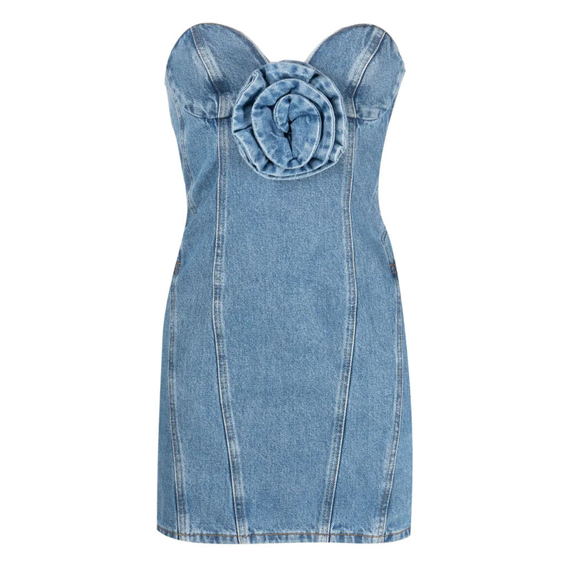 Modern 3D Floral Rosette Detail Sweetheart Neck Strapless Denim Dress