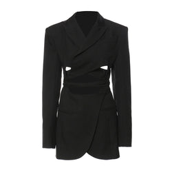 Modern Cut Out Self Tie Wraparound Peak Lapel Long Sleeve Mini Blazer Dress