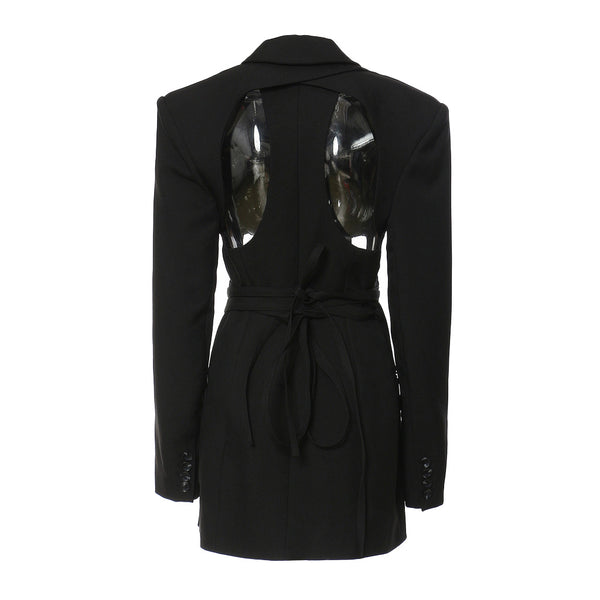 Modern Cut Out Self Tie Wraparound Peak Lapel Long Sleeve Mini Blazer Dress