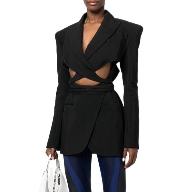 Modern Cut Out Self Tie Wraparound Peak Lapel Long Sleeve Mini Blazer Dress