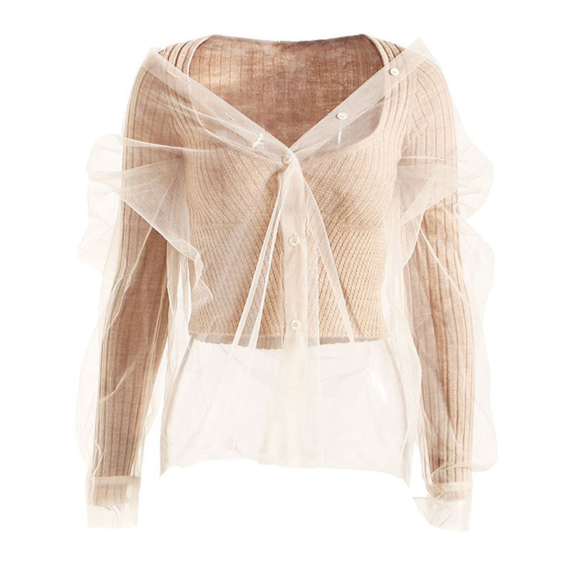 Modern Sheer Layered Sweetheart Neck Long Sleeve Ribbed Knit Crop Top