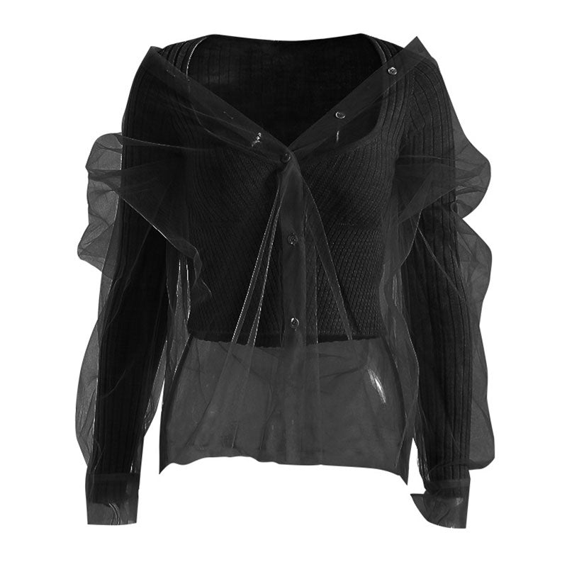 Modern Sheer Layered Sweetheart Neck Long Sleeve Ribbed Knit Crop Top