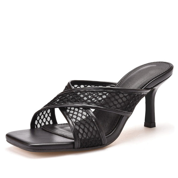 Modern Solid Crisscross Mesh Net Stiletto Mules - Black