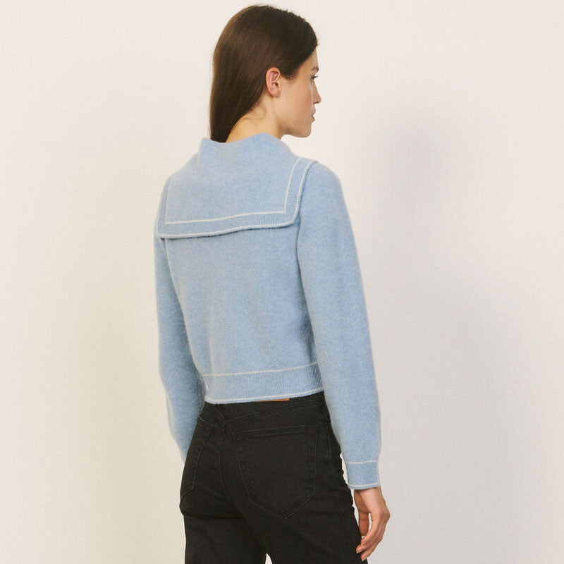 Oversized Collar Long Sleeve Wool Blend Crop Cardigan - Dusty Blue