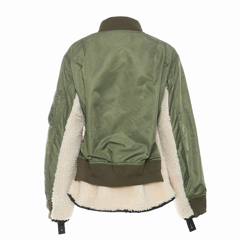 Oversized Layered Faux Wool Panel Drawstring Zip Up Bomber Jacket - Army Green