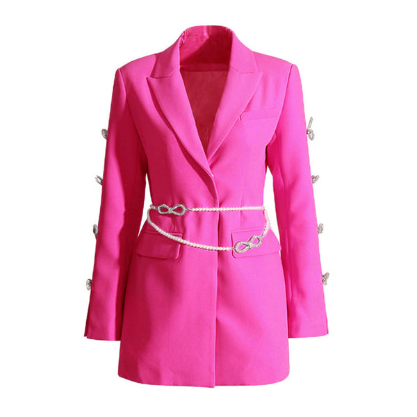 Pearlescent Belt Crystal Bow Cutout Long Sleeve Lapel Collar Long Blazer