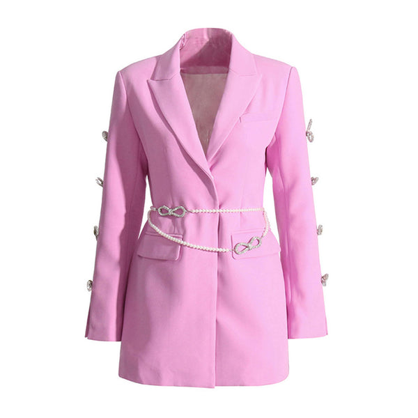 Pearlescent Belt Crystal Bow Cutout Long Sleeve Lapel Collar Long Blazer