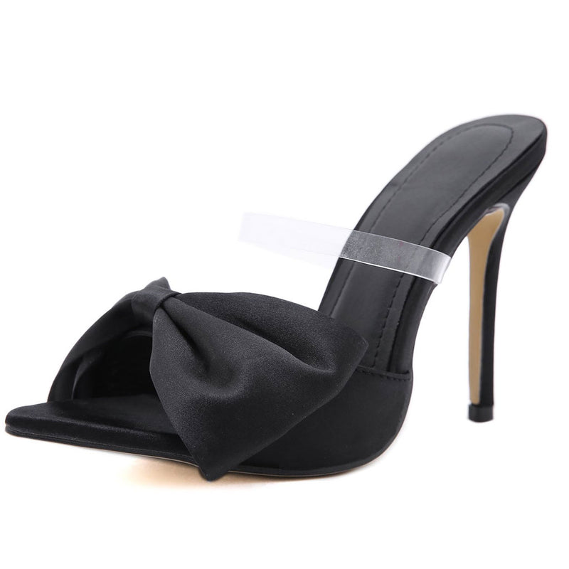 Peep Toe Bowknot Clear Strap High Heel Satin Mules - Black