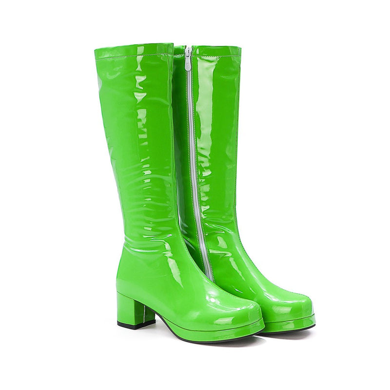 Polished Round Toe Platform Chunky Heel Mid Calf Boots - Green