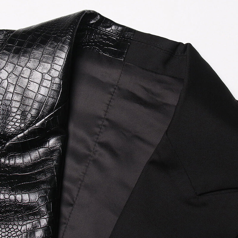 Premium Crocodile Pattern Notch Lapel Single Button Cotton Blend Leather Vest