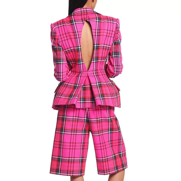 Preppy Sweetheart Crystal Embellished Cutout Checkered Peplum Blazer - Pink